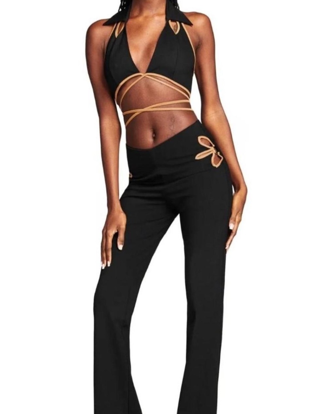 I.AM.GIA Black Flared Pants with Tan Trim